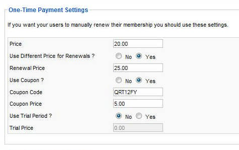 configure one time payment membership - Joomla! backend view
